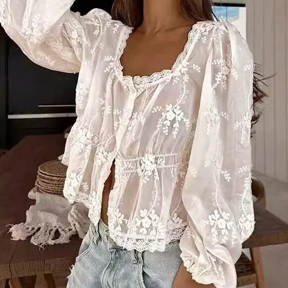 White Casual Women's Sheer Embroidered Lantern Sleeve Blouse - Picture 1 of 5